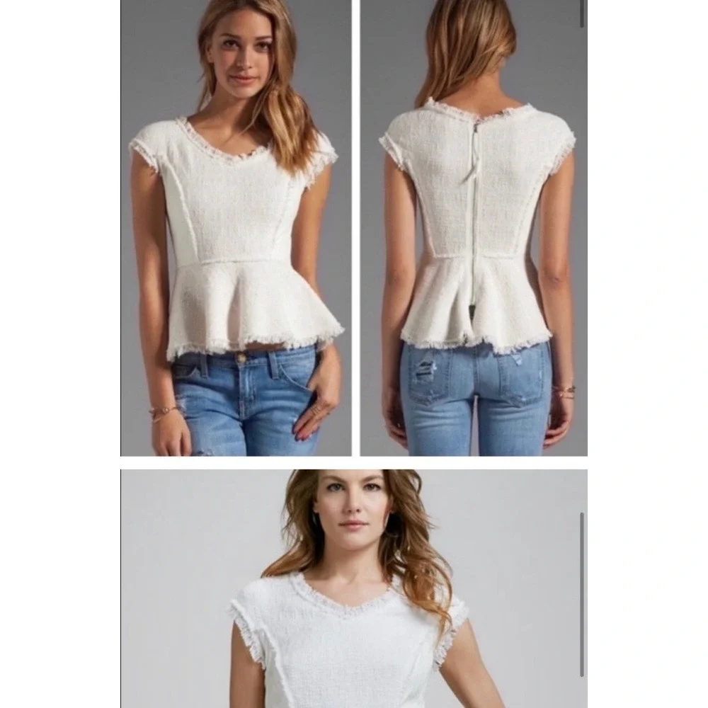 Rebecca Taylor Blouse 4 Tweed Leather‎ Peplum Coquette Old Money Luxury $350 - Picture 3 of 16